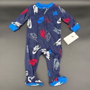 Nike Baby Footed Pajamas 9M Blue Multicolor Navy Logos Cotton Blend‎ 56G821-U90